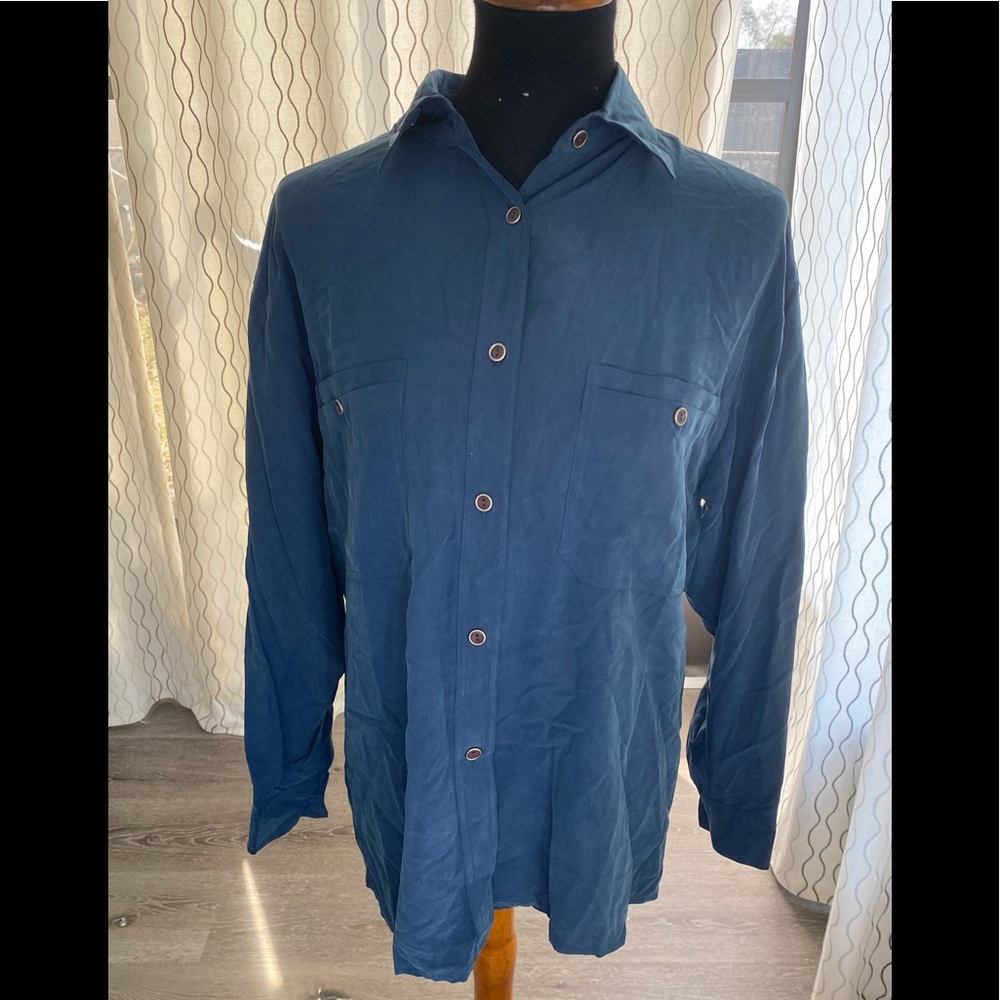 Jada 100% Silk Button Down Blue Button Front Collar Shirt Women Size Medium